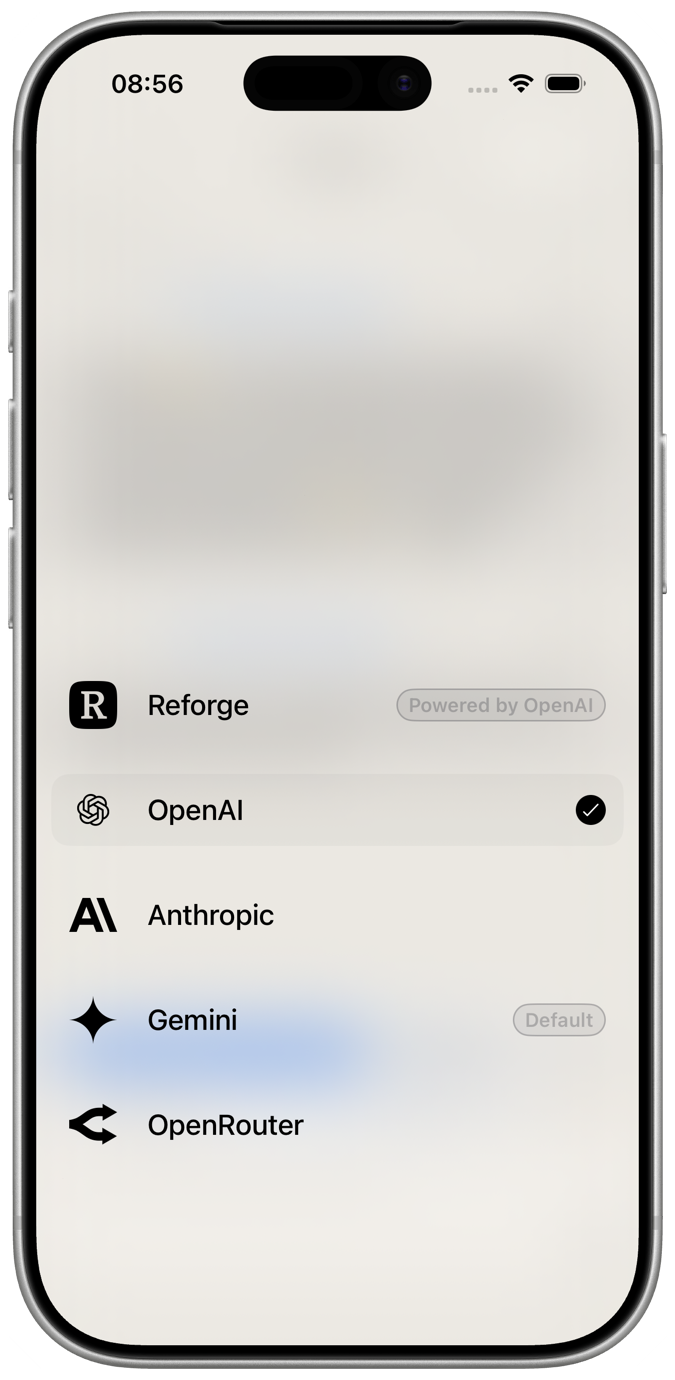An iPhone Reforge settings screen showing bring your own key provider setup.