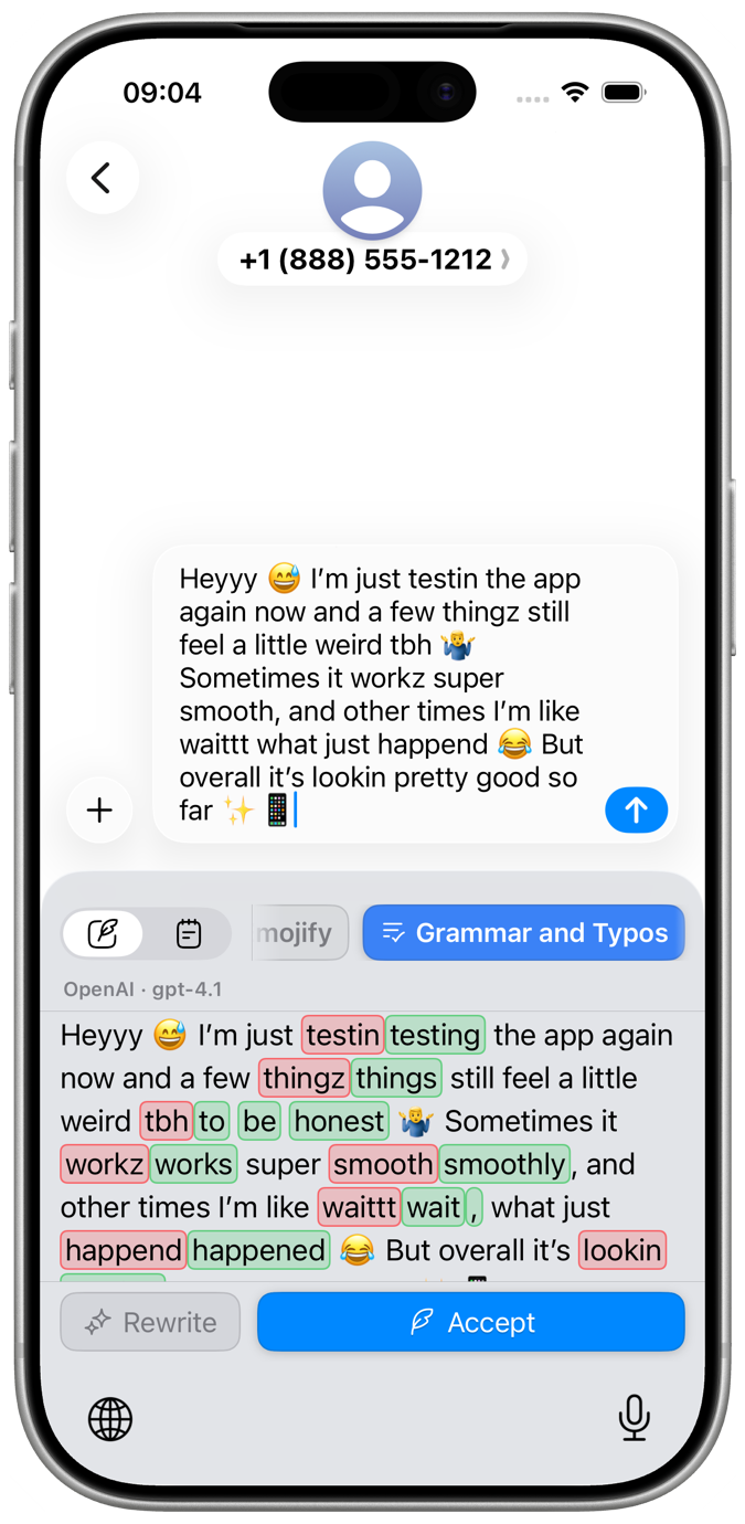 An iPhone Messages screen with the Reforge keyboard correcting selected text.
