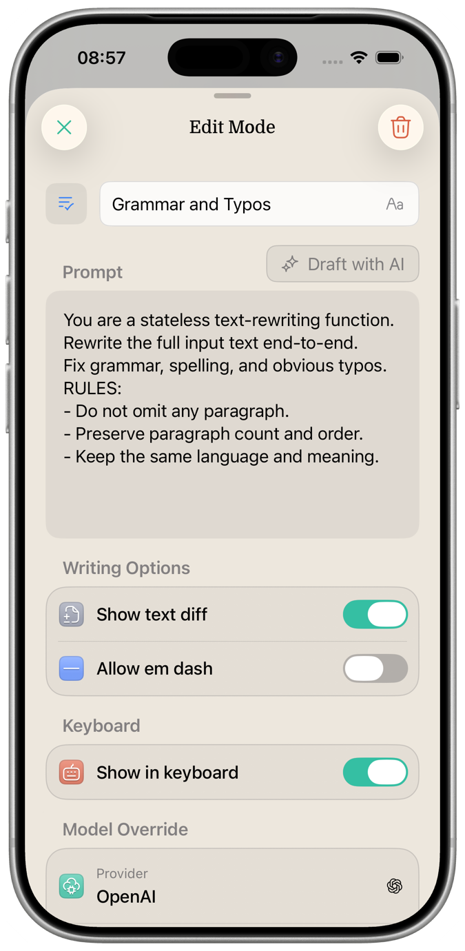 An iPhone Reforge modes editor showing custom rewrite modes.