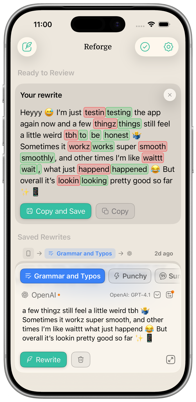 An iPhone Reforge app screen showing a rewrite result and saved rewrites.